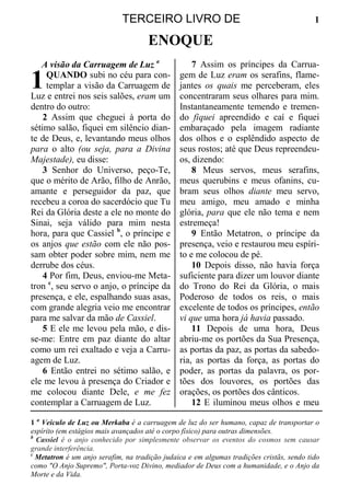 TERCEIRO LIVRO DE 1
ENOQUE
A visão da Carruagem de Luz a
QUANDO subi no céu para con-
templar a visão da Carruagem de
Luz e entrei nos seis salões, eram um
dentro do outro:
2 Assim que cheguei à porta do
sétimo salão, fiquei em silêncio dian-
te de Deus, e, levantando meus olhos
para o alto (ou seja, para a Divina
Majestade), eu disse:
3 Senhor do Universo, peço-Te,
que o mérito de Arão, filho de Anrão,
amante e perseguidor da paz, que
recebeu a coroa do sacerdócio que Tu
Rei da Glória deste a ele no monte do
Sinai, seja válido para mim nesta
hora, para que Cassiel b
, o príncipe e
os anjos que estão com ele não pos-
sam obter poder sobre mim, nem me
derrube dos céus.
4 Por fim, Deus, enviou-me Meta-
tron c
, seu servo o anjo, o príncipe da
presença, e ele, espalhando suas asas,
com grande alegria veio me encontrar
para me salvar da mão de Cassiel.
5 E ele me levou pela mão, e dis-
se-me: Entre em paz diante do altar
como um rei exaltado e veja a Carru-
agem de Luz.
6 Então entrei no sétimo salão, e
ele me levou à presença do Criador e
me colocou diante Dele, e me fez
contemplar a Carruagem de Luz.
7 Assim os príncipes da Carrua-
gem de Luz eram os serafins, flame-
jantes os quais me perceberam, eles
concentraram seus olhares para mim.
Instantaneamente temendo e tremen-
do fiquei apreendido e caí e fiquei
embaraçado pela imagem radiante
dos olhos e o esplêndido aspecto de
seus rostos; até que Deus repreendeu-
os, dizendo:
8 Meus servos, meus serafins,
meus querubins e meus ofanins, cu-
bram seus olhos diante meu servo,
meu amigo, meu amado e minha
glória, para que ele não tema e nem
estremeça!
9 Então Metatron, o príncipe da
presença, veio e restaurou meu espíri-
to e me colocou de pé.
10 Depois disso, não havia força
suficiente para dizer um louvor diante
do Trono do Rei da Glória, o mais
Poderoso de todos os reis, o mais
excelente de todos os príncipes, então
vi que uma hora já havia passado.
11 Depois de uma hora, Deus
abriu-me os portões da Sua Presença,
as portas da paz, as portas da sabedo-
ria, as portas da força, as portas do
poder, as portas da palavra, os por-
tões dos louvores, os portões das
orações, os portões dos cânticos.
12 E iluminou meus olhos e meu
1 a
Veiculo de Luz ou Merkaba é a carruagem de luz do ser humano, capaz de transportar o
espírito (em estágios mais avançados até o corpo físico) para outras dimensões.
b
Cassiel é o anjo conhecido por simplesmente observar os eventos do cosmos sem causar
grande interferência.
c
Metatron é um anjo serafim, na tradição judaica e em algumas tradições cristãs, sendo tido
como "O Anjo Supremo", Porta-voz Divino, mediador de Deus com a humanidade, e o Anjo da
Morte e da Vida.
1
 