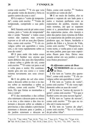 20 3º ENOQUE, 26
como está escrito: 11
"E eis que veio
um grande vento do deserto e feriu os
quatro cantos da casa e caiu".
13 Lá sopra o "vento de tempesta-
de", como está escrito: 12
"Vento de
tempestade, cumprindo a sua pala-
vra".
14 E Satanás está de pé entre esses
ventos, pois o "vento de tempestade"
não é senão "Satanás" e todos esses
ventos não sopram; mas somente
sopram os de sob as asas dos Queru-
bins, como está escrito: 13
"E ele ca-
valgou sobre um querubim e voou,
sim, e ele voou rapidamente sobre as
asas do vento".
15 E para onde vão todos esses
ventos? O Senhor nos ensina que
saem debaixo das asas dos Querubins
e desce sobre o globo do sol, como
está escrito: 14
"O vento vai para o sul
e volta para o norte; Ele continua-
mente gira em seu curso e o vento
retorna novamente aos seus circui-
tos".
16 E do globo do sol eles retor-
nam e descem sobre os rios e os ma-
res sobre as montanhas e sobre as
colinas, como está escrito: 15
"Pois
bem, Ele que forma as montanhas e
cria o vento".
17 E das montanhas e das colinas
eles retornam e descem para os mares
e os rios; e dos mares e dos rios re-
tornam e descem sobre as cidades e
províncias; e das cidades e províncias
retornam e descem para o jardim, e
do jardim retornam e descem ao
Éden, como está escrito: 16
"Andava
no jardim ao vento do dia".
18 E no meio do Jardim, eles se
juntam e sopram de um lado para o
outro e traziam perfumes com as
especiarias do jardim, mesmo das
mais remotas, até que se separem
entre si e, preenchiam com o aroma
das especiarias puras, eles trazem o
odor das partes mais remotas do Éden
e as especiarias do jardim aos justos e
piedosos que, no futuro, herdarão o
jardim do Éden e a Árvore da Vida,
como está escrito: 17
"Desperta-te, ó
vento norte, e venha para o sul; sopre
no meu jardim, para que suas especi-
arias fluam para fora. Deixe meu
amado entrar em seu jardim e coma
seus frutos preciosos".
Os diferentes carros de Deus
NUMEROSOS são os carros
de Deus.
2 Ele tem os "carros dos queru-
bins", como está escrito: 1
"E ele ca-
valgou sobre um querubim e voou".
3 Ele tem os "carros do vento",
como está escrito: 2
"E ele voou rapi-
damente sobre as asas do vento".
4 Ele tem os "carros de nuvem li-
geira", como está escrito: 3
"Eis que o
Senhor corre em uma nuvem ligeira".
5 Ele tem os "carros de nuvens",
como está escrito: 4
"Eis que eu ve-
nho até ti numa nuvem".
6 Ele tem os "carros do altar",
como está escrito: 5
"Eu vi o Senhor
de pé sobre Altar".
11
Jó 1:19; 12
Sal. 148:8; 13
Sal. 18:10; 14
Ecl. 1:6; 15
Am. 4:13; 16
Gen. 3:8; 17
Cant. 4:16.
26 1
Sal. 18:10, 2 Sam. 22:11; 2
Sal. 18:10, 2 Sam. 22:11; 3
Is. 19:1; 4
Ex. 19:9; 5
Am. 9:1;
26
 
