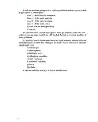 II - deficiência auditiva - perda parcial ou total das possibilidades auditivas sonoras, variando
     de graus e níveis na forma seguinte:
                  a) de 25 a 40 decibéis (db) - surdez leve;
                  b) de 41 a 55 db - surdez moderada;
                  c) de 56 a 70 db - surdez acentuada;
                  d) de 71 a 90 db - surdez severa;
                  e) acima de 91 db - surdez profunda; e
                  f) anacusia;
          III - deficiência visual - acuidade visual igual ou menor que 20/200 no melhor olho, após a
     melhor correção, ou campo visual inferior a 20º (tabela de Snellen), ou ocorrência simultânea de
     ambas as situações;
           IV - deficiência mental - funcionamento intelectual significativamente inferior à média, com
     manifestação antes dos dezoito anos e limitações associadas a duas ou mais áreas de habilidades
     adaptativas, tais como:
                  a) comunicação;
                  b) cuidado pessoal;
                  c) habilidades sociais;
                  d) utilização da comunidade;
                  e) saúde e segurança;
                  f) habilidades acadêmicas;
                  g) lazer; e
                  h) trabalho;
           V - deficiência múltipla - associação de duas ou mais deficiências.




72
 
