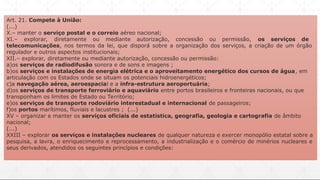 Art. 21. Compete à União:
(...)
X.– manter o serviço postal e o correio aéreo nacional;
XI.– explorar, diretamente ou mediante autorização, concessão ou permissão, os serviços de
telecomunicações, nos termos da lei, que disporá sobre a organização dos serviços, a criação de um órgão
regulador e outros aspectos institucionais;
XII.– explorar, diretamente ou mediante autorização, concessão ou permissão:
a)os serviços de radiodifusão sonora e de sons e imagens ;
b)os serviços e instalações de energia elétrica e o aproveitamento energético dos cursos de água, em
articulação com os Estados onde se situam os potenciais hidroenergéticos;
c)a navegação aérea, aeroespacial e a infra-estrutura aeroportuária;
d)os serviços de transporte ferroviário e aquaviário entre portos brasileiros e fronteiras nacionais, ou que
transponham os limites de Estado ou Território;
e)os serviços de transporte rodoviário interestadual e internacional de passageiros;
f)os portos marítimos, fluviais e lacustres ; (...)
XV – organizar e manter os serviços oficiais de estatística, geografia, geologia e cartografia de âmbito
nacional;
(...)
XXIII – explorar os serviços e instalações nucleares de qualquer natureza e exercer monopólio estatal sobre a
pesquisa, a lavra, o enriquecimento e reprocessamento, a industrialização e o comércio de minérios nucleares e
seus derivados, atendidos os seguintes princípios e condições:
 