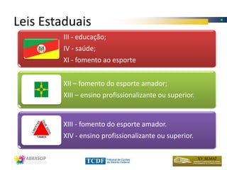 Leis Estaduais
        III - educação;
        IV - saúde;
        XI - fomento ao esporte


        XII – fomento do esporte amador;
        XIII – ensino profissionalizante ou superior.


        XIII - fomento do esporte amador.
        XIV - ensino profissionalizante ou superior.
 