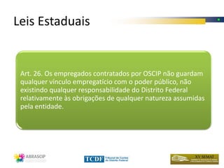 Leis Estaduais


 Art. 26. Os empregados contratados por OSCIP não guardam
 qualquer vínculo empregatício com o poder público, não
 existindo qualquer responsabilidade do Distrito Federal
 relativamente às obrigações de qualquer natureza assumidas
 pela entidade.
 