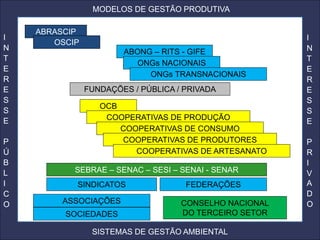 MODELOS DE GESTÃO PRODUTIVA

    ABRASCIP
I                                                       I
       OSCIP
N                      ABONG – RITS - GIFE              N
T                                                       T
                         ONGs NACIONAIS
E                                                       E
                            ONGs TRANSNACIONAIS
R                                                       R
E              FUNDAÇÕES / PÚBLICA / PRIVADA            E
S                                                       S
                  OCB
S                                                       S
E                  COOPERATIVAS DE PRODUÇÃO             E
                      COOPERATIVAS DE CONSUMO
P                     COOPERATIVAS DE PRODUTORES        P
Ú                        COOPERATIVAS DE ARTESANATO     R
B                                                       I
L          SEBRAE – SENAC – SESI – SENAI - SENAR        V
I          SINDICATOS                FEDERAÇÕES         A
C                                                       D
O       ASSOCIAÇÕES                 CONSELHO NACIONAL   O
         SOCIEDADES                 DO TERCEIRO SETOR

                SISTEMAS DE GESTÃO AMBIENTAL
 