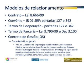 Modelos de relacionamento
•   Contrato – Lei 8.666/99
•   Convênio – IR 01 SRF; portarias 127 e 342
•   Termo de Cooperação - portarias 127 e 342
•   Termo de Parceria – Lei 9.790/99 e Dec 3.100
•   Contrato de Gestão (OS)
    – Características gerais
       • Art. 23 - A escolha da Organização da Sociedade Civil de Interesse
         Público, para a celebração do Termo de Parceria, poderá ser feita por
         meio de publicação de edital de concursos de projetos pelo órgão estatal
         parceiro para obtenção de bens e serviços e para a realização de
         atividades, eventos, consultorias, cooperação técnica e assessoria.
 