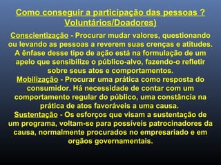 Como conseguir a participação das pessoas ?
Voluntários/Doadores)
Conscientização - Procurar mudar valores, questionando
ou levando as pessoas a reverem suas crenças e atitudes.
A ênfase desse tipo de ação está na formulação de um
apelo que sensibilize o público-alvo, fazendo-o refletir
sobre seus atos e comportamentos.
Mobilização - Procurar uma prática como resposta do
consumidor. Há necessidade de contar com um
comportamento regular do público, uma constância na
prática de atos favoráveis a uma causa.
Sustentação - Os esforços que visam a sustentação de
um programa, voltam-se para possíveis patrocinadores da
causa, normalmente procurados no empresariado e em
orgãos governamentais.
 
