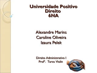 Universidade Positivo
      Direito
        6NA


  Alexandre Marins
  Caroline Oliveira
     Izaura Pelek


  Direito Administrativo I
   Profº. Tarso Violin
 