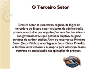 O Terceiro Setor


     Terceiro Setor se caracteriza negação da lógica de
  mercado e do Estado e por iniciativas de administração
privada, constituído por organizações sem fins lucrativos e
    não governamentais que possuem objetivo de gerar
serviços de caráter público. Além de recorrer ao Primeiro
Setor (Setor Público) e ao Segundo Setor (Setor Privado),
o Terceiro Setor recorre a si próprio para obtenção desses
   recursos de capitalização nas aplicações de projetos.
 