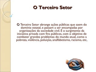 O Terceiro Setor


O Terceiro Setor abrange ações públicas que saem do
    domínio estatal, e passam a ser encampadas por
  organizações da sociedade civil. É o surgimento da
iniciativa privada com fins públicos, com o objetivo de
combater grandes problemas do mundo atual, como a
pobreza, violência, poluição, analfabetismo, racismo, etc.
 