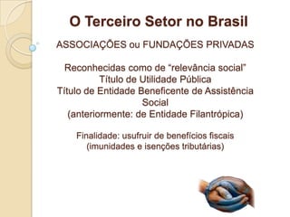 O Terceiro Setor no Brasil
ASSOCIAÇÕES ou FUNDAÇÕES PRIVADAS

  Reconhecidas como de “relevância social”
           Título de Utilidade Pública
Título de Entidade Beneficente de Assistência
                     Social
   (anteriormente: de Entidade Filantrópica)

    Finalidade: usufruir de benefícios fiscais
       (imunidades e isenções tributárias)
 