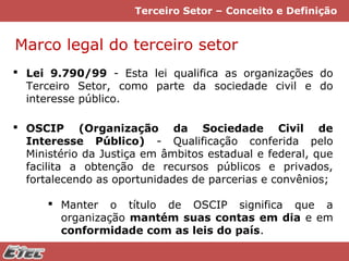 Terceiro Setor – Conceito e Definição

Marco legal do terceiro setor
 Lei 9.790/99 - Esta lei qualifica as organizações do
Terceiro Setor, como parte da sociedade civil e do
interesse público.
 OSCIP (Organização da Sociedade Civil de
Interesse Público) - Qualificação conferida pelo
Ministério da Justiça em âmbitos estadual e federal, que
facilita a obtenção de recursos públicos e privados,
fortalecendo as oportunidades de parcerias e convênios;
 Manter o título de OSCIP significa que a
organização mantém suas contas em dia e em
conformidade com as leis do país.

 