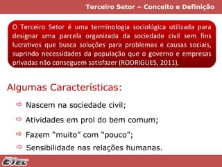 Terceiro Setor – Conceito e Definição

O Terceiro Setor é uma terminologia sociológica utilizada para
designar uma parcela organizada da sociedade civil sem fins
lucrativos que busca soluções para problemas e causas sociais,
suprindo necessidades da população que o governo e empresas
privadas não conseguem satisfazer (RODRIGUES, 2011).

Algumas Características:
 Nascem na sociedade civil;
 Atividades em prol do bem comum;
 Fazem “muito” com “pouco”;
 Sensibilidade nas relações humanas.

 