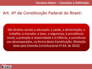 Terceiro Setor – Conceito e Definição

Art. 6º da Constituição Federal do Brasil:

São direitos sociais a educação, a saúde, a alimentação, o
trabalho, a moradia, o lazer, a segurança, a previdência
social, a proteção à maternidade e à infância, a assistência
aos desamparados, na forma desta Constituição. (Redação
dada pela Emenda Constitucional nº 64, de 2010)

 