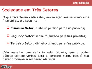 Introdução

Sociedade em Três Setores
O que caracteriza cada setor, em relação aos seus recursos
financeiros, é o seguinte:
 Primeiro Setor: dinheiro público para fins públicos;
 Segundo Setor: dinheiro privado para fins privados;
 Terceiro Setor: dinheiro privado para fins públicos.
Vale ressaltar que nada impede, todavia, que o poder
público destine verbas para o Terceiro Setor, pois é seu
dever promover a solidariedade social.

 