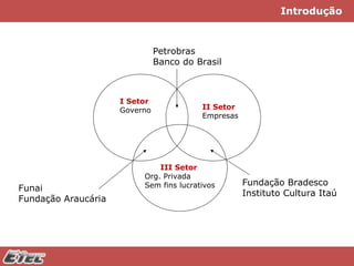Introdução

Petrobras
Banco do Brasil

I Setor
Governo

Funai
Fundação Araucária

II Setor
Empresas

III Setor
Org. Privada
Sem fins lucrativos

Fundação Bradesco
Instituto Cultura Itaú

 
