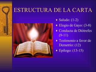 ESTRUCTURA DE LA CARTA Saludo: (1-2) Elogio de Gayo: (3-8) Conducta de Diótrefes (9-11) Testimonio a favor de Demetrio: (12) Epílogo: (13-15) 