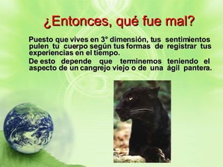 ¿Entonces, qué fue mal? Puesto que vives en 3° dimensión, tus  sentimientos  pulen  tu  cuerpo según tus formas  de  registrar  tus experiencias en el tiempo. De esto  depende  que  terminemos  teniendo  el aspecto de un cangrejo viejo o de  una  ágil  pantera. 