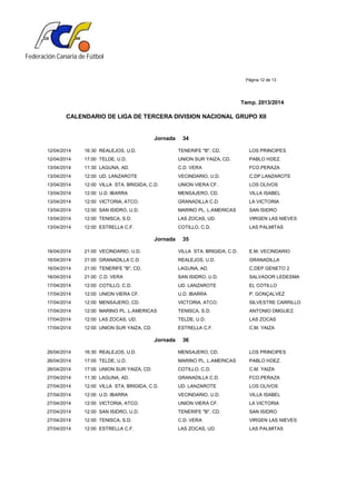 Federación Canaria de Fútbol
Página 12 de 13
Temp. 2013/2014
CALENDARIO DE LIGA DE TERCERA DIVISION NACIONAL GRUPO XII
Jornada 34
12/04/2014 16:30 REALEJOS, U.D. TENERIFE "B", CD. LOS PRINCIPES
12/04/2014 17:00 TELDE, U.D. UNION SUR YAIZA, CD. PABLO HDEZ.
13/04/2014 11:30 LAGUNA, AD. C.D. VERA FCO.PERAZA
13/04/2014 12:00 UD. LANZAROTE VECINDARIO, U.D. C.DP.LANZAROTE
13/04/2014 12:00 VILLA STA. BRIGIDA, C.D. UNION VIERA CF. LOS OLIVOS
13/04/2014 12:00 U.D. IBARRA MENSAJERO, CD. VILLA ISABEL
13/04/2014 12:00 VICTORIA, ATCO. GRANADILLA C.D. LA VICTORIA
13/04/2014 12:00 SAN ISIDRO, U.D. MARINO PL. L.AMERICAS SAN ISIDRO
13/04/2014 12:00 TENISCA, S.D. LAS ZOCAS, UD. VIRGEN LAS NIEVES
13/04/2014 12:00 ESTRELLA C.F. COTILLO, C.D. LAS PALMITAS
Jornada 35
16/04/2014 21:00 VECINDARIO, U.D. VILLA STA. BRIGIDA, C.D. E.M. VECINDARIO
16/04/2014 21:00 GRANADILLA C.D. REALEJOS, U.D. GRANADILLA
16/04/2014 21:00 TENERIFE "B", CD. LAGUNA, AD. C.DEP GENETO 2
16/04/2014 21:00 C.D. VERA SAN ISIDRO, U.D. SALVADOR LEDESMA
17/04/2014 12:00 COTILLO, C.D. UD. LANZAROTE EL COTILLO
17/04/2014 12:00 UNION VIERA CF. U.D. IBARRA P. GONÇALVEZ
17/04/2014 12:00 MENSAJERO, CD. VICTORIA, ATCO. SILVESTRE CARRILLO
17/04/2014 12:00 MARINO PL. L.AMERICAS TENISCA, S.D. ANTONIO DMGUEZ.
17/04/2014 12:00 LAS ZOCAS, UD. TELDE, U.D. LAS ZOCAS
17/04/2014 12:00 UNION SUR YAIZA, CD. ESTRELLA C.F. C.M. YAIZA
Jornada 36
26/04/2014 16:30 REALEJOS, U.D. MENSAJERO, CD. LOS PRINCIPES
26/04/2014 17:00 TELDE, U.D. MARINO PL. L.AMERICAS PABLO HDEZ.
26/04/2014 17:00 UNION SUR YAIZA, CD. COTILLO, C.D. C.M. YAIZA
27/04/2014 11:30 LAGUNA, AD. GRANADILLA C.D. FCO.PERAZA
27/04/2014 12:00 VILLA STA. BRIGIDA, C.D. UD. LANZAROTE LOS OLIVOS
27/04/2014 12:00 U.D. IBARRA VECINDARIO, U.D. VILLA ISABEL
27/04/2014 12:00 VICTORIA, ATCO. UNION VIERA CF. LA VICTORIA
27/04/2014 12:00 SAN ISIDRO, U.D. TENERIFE "B", CD. SAN ISIDRO
27/04/2014 12:00 TENISCA, S.D. C.D. VERA VIRGEN LAS NIEVES
27/04/2014 12:00 ESTRELLA C.F. LAS ZOCAS, UD. LAS PALMITAS
 