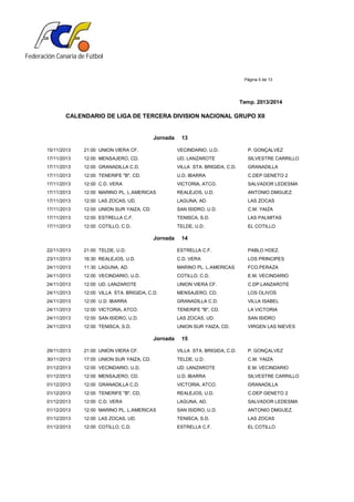 Federación Canaria de Fútbol
Página 5 de 13
Temp. 2013/2014
CALENDARIO DE LIGA DE TERCERA DIVISION NACIONAL GRUPO XII
Jornada 13
15/11/2013 21:00 UNION VIERA CF. VECINDARIO, U.D. P. GONÇALVEZ
17/11/2013 12:00 MENSAJERO, CD. UD. LANZAROTE SILVESTRE CARRILLO
17/11/2013 12:00 GRANADILLA C.D. VILLA STA. BRIGIDA, C.D. GRANADILLA
17/11/2013 12:00 TENERIFE "B", CD. U.D. IBARRA C.DEP GENETO 2
17/11/2013 12:00 C.D. VERA VICTORIA, ATCO. SALVADOR LEDESMA
17/11/2013 12:00 MARINO PL. L.AMERICAS REALEJOS, U.D. ANTONIO DMGUEZ.
17/11/2013 12:00 LAS ZOCAS, UD. LAGUNA, AD. LAS ZOCAS
17/11/2013 12:00 UNION SUR YAIZA, CD. SAN ISIDRO, U.D. C.M. YAIZA
17/11/2013 12:00 ESTRELLA C.F. TENISCA, S.D. LAS PALMITAS
17/11/2013 12:00 COTILLO, C.D. TELDE, U.D. EL COTILLO
Jornada 14
22/11/2013 21:00 TELDE, U.D. ESTRELLA C.F. PABLO HDEZ.
23/11/2013 16:30 REALEJOS, U.D. C.D. VERA LOS PRINCIPES
24/11/2013 11:30 LAGUNA, AD. MARINO PL. L.AMERICAS FCO.PERAZA
24/11/2013 12:00 VECINDARIO, U.D. COTILLO, C.D. E.M. VECINDARIO
24/11/2013 12:00 UD. LANZAROTE UNION VIERA CF. C.DP.LANZAROTE
24/11/2013 12:00 VILLA STA. BRIGIDA, C.D. MENSAJERO, CD. LOS OLIVOS
24/11/2013 12:00 U.D. IBARRA GRANADILLA C.D. VILLA ISABEL
24/11/2013 12:00 VICTORIA, ATCO. TENERIFE "B", CD. LA VICTORIA
24/11/2013 12:00 SAN ISIDRO, U.D. LAS ZOCAS, UD. SAN ISIDRO
24/11/2013 12:00 TENISCA, S.D. UNION SUR YAIZA, CD. VIRGEN LAS NIEVES
Jornada 15
29/11/2013 21:00 UNION VIERA CF. VILLA STA. BRIGIDA, C.D. P. GONÇALVEZ
30/11/2013 17:00 UNION SUR YAIZA, CD. TELDE, U.D. C.M. YAIZA
01/12/2013 12:00 VECINDARIO, U.D. UD. LANZAROTE E.M. VECINDARIO
01/12/2013 12:00 MENSAJERO, CD. U.D. IBARRA SILVESTRE CARRILLO
01/12/2013 12:00 GRANADILLA C.D. VICTORIA, ATCO. GRANADILLA
01/12/2013 12:00 TENERIFE "B", CD. REALEJOS, U.D. C.DEP GENETO 2
01/12/2013 12:00 C.D. VERA LAGUNA, AD. SALVADOR LEDESMA
01/12/2013 12:00 MARINO PL. L.AMERICAS SAN ISIDRO, U.D. ANTONIO DMGUEZ.
01/12/2013 12:00 LAS ZOCAS, UD. TENISCA, S.D. LAS ZOCAS
01/12/2013 12:00 COTILLO, C.D. ESTRELLA C.F. EL COTILLO
 