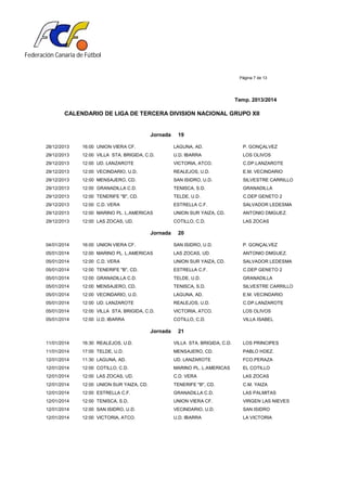 Federación Canaria de Fútbol
Página 7 de 13
Temp. 2013/2014
CALENDARIO DE LIGA DE TERCERA DIVISION NACIONAL GRUPO XII
Jornada 19
28/12/2013 16:00 UNION VIERA CF. LAGUNA, AD. P. GONÇALVEZ
29/12/2013 12:00 VILLA STA. BRIGIDA, C.D. U.D. IBARRA LOS OLIVOS
29/12/2013 12:00 UD. LANZAROTE VICTORIA, ATCO. C.DP.LANZAROTE
29/12/2013 12:00 VECINDARIO, U.D. REALEJOS, U.D. E.M. VECINDARIO
29/12/2013 12:00 MENSAJERO, CD. SAN ISIDRO, U.D. SILVESTRE CARRILLO
29/12/2013 12:00 GRANADILLA C.D. TENISCA, S.D. GRANADILLA
29/12/2013 12:00 TENERIFE "B", CD. TELDE, U.D. C.DEP GENETO 2
29/12/2013 12:00 C.D. VERA ESTRELLA C.F. SALVADOR LEDESMA
29/12/2013 12:00 MARINO PL. L.AMERICAS UNION SUR YAIZA, CD. ANTONIO DMGUEZ.
29/12/2013 12:00 LAS ZOCAS, UD. COTILLO, C.D. LAS ZOCAS
Jornada 20
04/01/2014 16:00 UNION VIERA CF. SAN ISIDRO, U.D. P. GONÇALVEZ
05/01/2014 12:00 MARINO PL. L.AMERICAS LAS ZOCAS, UD. ANTONIO DMGUEZ.
05/01/2014 12:00 C.D. VERA UNION SUR YAIZA, CD. SALVADOR LEDESMA
05/01/2014 12:00 TENERIFE "B", CD. ESTRELLA C.F. C.DEP GENETO 2
05/01/2014 12:00 GRANADILLA C.D. TELDE, U.D. GRANADILLA
05/01/2014 12:00 MENSAJERO, CD. TENISCA, S.D. SILVESTRE CARRILLO
05/01/2014 12:00 VECINDARIO, U.D. LAGUNA, AD. E.M. VECINDARIO
05/01/2014 12:00 UD. LANZAROTE REALEJOS, U.D. C.DP.LANZAROTE
05/01/2014 12:00 VILLA STA. BRIGIDA, C.D. VICTORIA, ATCO. LOS OLIVOS
05/01/2014 12:00 U.D. IBARRA COTILLO, C.D. VILLA ISABEL
Jornada 21
11/01/2014 16:30 REALEJOS, U.D. VILLA STA. BRIGIDA, C.D. LOS PRINCIPES
11/01/2014 17:00 TELDE, U.D. MENSAJERO, CD. PABLO HDEZ.
12/01/2014 11:30 LAGUNA, AD. UD. LANZAROTE FCO.PERAZA
12/01/2014 12:00 COTILLO, C.D. MARINO PL. L.AMERICAS EL COTILLO
12/01/2014 12:00 LAS ZOCAS, UD. C.D. VERA LAS ZOCAS
12/01/2014 12:00 UNION SUR YAIZA, CD. TENERIFE "B", CD. C.M. YAIZA
12/01/2014 12:00 ESTRELLA C.F. GRANADILLA C.D. LAS PALMITAS
12/01/2014 12:00 TENISCA, S.D. UNION VIERA CF. VIRGEN LAS NIEVES
12/01/2014 12:00 SAN ISIDRO, U.D. VECINDARIO, U.D. SAN ISIDRO
12/01/2014 12:00 VICTORIA, ATCO. U.D. IBARRA LA VICTORIA
 