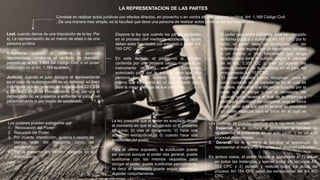 LA REPRESENTACION DE LAS PARTES
Consiste en realizar actos jurídicos con efectos directos, en provecho o en contra de una persona jurídica. Art 1.169 Código Civil
. De una manera mas simple, es la facultad que tiene una persona de realizar actos jurídicos en nombre de otra.
Leal; cuando deriva de una imposición de la ley. Por
ej. La representación de un menor de edad o de una
persona jurídica
Voluntaria; cuando la confiere la persona
representada, conforme al contrato de mandato
previsto en el Art. 1.684 del Código Civil, o un poder
estipulado en el Art. 1.169 ejusdem.
Judicial; cuando el juez designa el representante
es el caso de la designación de un defensor ad litem
o defensor judicial, previsto en los artículos 223, 224
y 225 del Código de Procedimiento Civil, por que el
demandado no se presente a enfrentar el juicio civil
personalmente ni por medio de apoderado.
Dispone la ley que cuando las partes gestionen
en el proceso civil mediante apoderados, estos
deben estar facultados por mandato o poder Art.
150 CPC
En este sentido, el poder es la facultad
conferida por una persona capaz, mediante un
instrumento otorgado ante un funcionario
autorizado para dar fe publica, para que otra
persona haga en nombre del otorgante lo
mismo que éste haría en un determinado juicio
para la mejor defensa de sus derechos.
El poder para actos judiciales debe ser otorgado
de forma publica o autentica Art 151 CPC por lo
tanto, el poder debe ser autorizado con las
solemnidades legales por un registrador, un juez
o un notario u otro funcionario que tenga
facultad para darle fe publica, según lo previsto
en el Art. 1.357 CC o ante un agente del
servicio exterior de la república en el país del
otorgamiento Art 157 CPC.
El poder también puede otorgarse para el
juicio cursante en el expediente en el cual se
confiere, mediante una diligencia suscrita por la
parte que lo otorga y por el secretario del
tribunal, quien levanta al final de la diligencia y
certifica la identidad del otorgante, este se llama
poder apud acta que por lo general se considera
un poder especial para el juicio en el cual se
otorga.
Los poderes se pueden clasificar de la siguiente manera
1. Especial: se le confiere al apoderado la facultad de
representar al poderante en un solo juicio, o en un acto
procesal determinado;
2. General: se le confiere la facultad al apoderado de
representar al mandante en todos sus asuntos judiciales.
En ambos casos, el poder faculta al apoderado a: 1) actuar
en todas las instancias y ejercer todos los recursos Art.
153 CPC y 2) cumplir y realizar todos los actos del
proceso Art 154 CPC salvo las excepciones del Art 403
CPC
La ley presume que el poder es aceptado desde
el momento en que el apoderado a) lo presenta
en juicio, b) visa el documento, c) hace una
actuación extrajudicial, o d) cuando hace una
sustitución del poder.
Para el ultimo supuesto, la sustitución puede
ser parcial aunque el poder sea general, puede
sustituirse con los mismos requisitos para
otorgar el poder, puede sustituirse parcialmente,
es decir el apoderado puede seguir ejerciendo
el poder conjuntamente.
Los poderes pueden extinguirse por:
1. Revocación del Poder
2. Renuncia del Poder
3. Por muerte, interdicción, quiebra o cesión de
bienes tanto del mandante como del
apoderado
4. Por la presentación de otro abogado en el
mismo juicio.
 