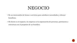  Es un intercambio de bienes o servicios para satisfacer necesidades y obtener
beneficios.
 El cliente es el negocio y la empresa es la organización de personas, patrimonio y
estructura con el propósito de un beneficio.
 