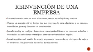  Las empresas son como los seres vivos nacen, crecen, se multiplican y mueren.
 Cuando un negocio está en declive hay que reinventarlo para adaptarlos a los cambios,
necesidades, gustos y deseos de los consumidores.
 La velocidad de los cambios y la creciente competencia obligan a las empresas a diseñar y
desarrollar planificaciones estratégicas para un nuevo modelo de negocio.
 La reinvención en el modelo de negocio se presenta como un factor clave para la mejora
de resultados y la generación de nuevos de crecimientos.
 