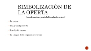 Los elementos que simbolizan la oferta son:
 La marca
 Imagen del producto
 Diseño del envase
 La imagen de la empresa productora
 