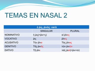 TEMAS EN NASAL 2 
ἡ ῥις, ῥινός: nariz 
SINGULAR PLURAL 
NOMINATIVO ἡ ῥις(<ῥιν+ς) αἱ ῥίνες 
VOCATIVO ῥις ῥίνες 
ACUSATIVO Τὴν ῥίνα Τὰς ῥίνας 
GENITIVO Τῆς ῥινός τῶν ῥινῶν 
DATIVO Τῇ ῥίνι ταῖς ῥισί(<ῥιν+σι) 
 
