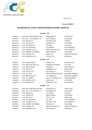 Federación Canaria de Fútbol
Página 10 de 13
Temp. 2014/2015
CALENDARIO DE LIGA DE TERCERA DIVISION NACIONAL GRUPO XII
Jornada 28
07/03/2015 16:00 REAL SPORTING SAN JOSE MENSAJERO, CD. CHANO CRUZ
07/03/2015 16:00 VILLA STA. BRIGIDA, C.D. SANTA URSULA LOS OLIVOS
07/03/2015 17:00 ARUCAS C.F. VICTORIA, ATCO. TONONO 1
07/03/2015 17:00 LAGUNA, AD. ESTRELLA C.F. FCO.PERAZA
08/03/2015 12:00 LAS ZOCAS, UD. C.D. VERA LAS ZOCAS
08/03/2015 12:00 UD. LANZAROTE C.D. MARINO C.DP.LANZAROTE
08/03/2015 12:00 TENERIFE "B", CD. UNION SUR YAIZA, CD. C.DEP GENETO 2
08/03/2015 12:00 TENERIFE SUR IBARRA UNION VIERA CF. VILLA ISABEL
08/03/2015 12:00 TENISCA, S.D. TELDE, U.D. VIRGEN LAS NIEVES
08/03/2015 12:00 GRANADILLA C.D. COTILLO, C.D. GRANADILLA
Jornada 29
14/03/2015 16:00 UNION VIERA CF. TENISCA, S.D. ALFONSO SILVA
14/03/2015 16:45 UNION SUR YAIZA, CD. TENERIFE SUR IBARRA C.M. YAIZA
14/03/2015 17:00 SANTA URSULA ARUCAS C.F. SANTA URSULA
14/03/2015 17:00 TELDE, U.D. GRANADILLA C.D. PABLO HDEZ.
15/03/2015 12:00 COTILLO, C.D. LAS ZOCAS, UD. EL COTILLO
15/03/2015 12:00 C.D. VERA REAL SPORTING SAN JOSE SALVADOR LEDESMA
15/03/2015 12:00 MENSAJERO, CD. UD. LANZAROTE SILVESTRE CARRILLO
15/03/2015 12:00 C.D. MARINO VILLA STA. BRIGIDA, C.D. ANTONIO DMGUEZ.
15/03/2015 12:00 VICTORIA, ATCO. LAGUNA, AD. LA VICTORIA
15/03/2015 12:00 ESTRELLA C.F. TENERIFE "B", CD. LAS PALMITAS
Jornada 30
21/03/2015 16:00 REAL SPORTING SAN JOSE LAS ZOCAS, UD. CHANO CRUZ
21/03/2015 16:00 VILLA STA. BRIGIDA, C.D. MENSAJERO, CD. LOS OLIVOS
21/03/2015 17:00 ARUCAS C.F. C.D. MARINO TONONO 1
21/03/2015 17:00 LAGUNA, AD. SANTA URSULA FCO.PERAZA
21/03/2015 17:00 TELDE, U.D. COTILLO, C.D. PABLO HDEZ.
22/03/2015 12:00 UD. LANZAROTE C.D. VERA C.DP.LANZAROTE
22/03/2015 12:00 TENERIFE "B", CD. VICTORIA, ATCO. C.DEP GENETO 2
22/03/2015 12:00 TENERIFE SUR IBARRA ESTRELLA C.F. VILLA ISABEL
22/03/2015 12:00 TENISCA, S.D. UNION SUR YAIZA, CD. VIRGEN LAS NIEVES
22/03/2015 12:00 GRANADILLA C.D. UNION VIERA CF. GRANADILLA
 