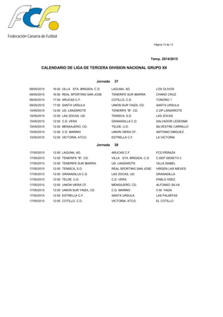 Federación Canaria de Fútbol
Página 13 de 13
Temp. 2014/2015
CALENDARIO DE LIGA DE TERCERA DIVISION NACIONAL GRUPO XII
Jornada 37
09/05/2015 16:00 VILLA STA. BRIGIDA, C.D. LAGUNA, AD. LOS OLIVOS
09/05/2015 16:00 REAL SPORTING SAN JOSE TENERIFE SUR IBARRA CHANO CRUZ
09/05/2015 17:00 ARUCAS C.F. COTILLO, C.D. TONONO 1
09/05/2015 17:00 SANTA URSULA UNION SUR YAIZA, CD. SANTA URSULA
10/05/2015 12:00 UD. LANZAROTE TENERIFE "B", CD. C.DP.LANZAROTE
10/05/2015 12:00 LAS ZOCAS, UD. TENISCA, S.D. LAS ZOCAS
10/05/2015 12:00 C.D. VERA GRANADILLA C.D. SALVADOR LEDESMA
10/05/2015 12:00 MENSAJERO, CD. TELDE, U.D. SILVESTRE CARRILLO
10/05/2015 12:00 C.D. MARINO UNION VIERA CF. ANTONIO DMGUEZ.
10/05/2015 12:00 VICTORIA, ATCO. ESTRELLA C.F. LA VICTORIA
Jornada 38
17/05/2015 12:00 LAGUNA, AD. ARUCAS C.F. FCO.PERAZA
17/05/2015 12:00 TENERIFE "B", CD. VILLA STA. BRIGIDA, C.D. C.DEP GENETO 2
17/05/2015 12:00 TENERIFE SUR IBARRA UD. LANZAROTE VILLA ISABEL
17/05/2015 12:00 TENISCA, S.D. REAL SPORTING SAN JOSE VIRGEN LAS NIEVES
17/05/2015 12:00 GRANADILLA C.D. LAS ZOCAS, UD. GRANADILLA
17/05/2015 12:00 TELDE, U.D. C.D. VERA PABLO HDEZ.
17/05/2015 12:00 UNION VIERA CF. MENSAJERO, CD. ALFONSO SILVA
17/05/2015 12:00 UNION SUR YAIZA, CD. C.D. MARINO C.M. YAIZA
17/05/2015 12:00 ESTRELLA C.F. SANTA URSULA LAS PALMITAS
17/05/2015 12:00 COTILLO, C.D. VICTORIA, ATCO. EL COTILLO
 