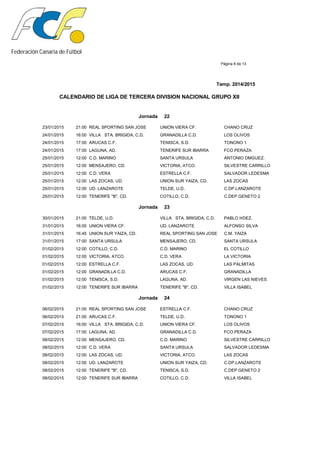 Federación Canaria de Fútbol
Página 8 de 13
Temp. 2014/2015
CALENDARIO DE LIGA DE TERCERA DIVISION NACIONAL GRUPO XII
Jornada 22
23/01/2015 21:00 REAL SPORTING SAN JOSE UNION VIERA CF. CHANO CRUZ
24/01/2015 16:00 VILLA STA. BRIGIDA, C.D. GRANADILLA C.D. LOS OLIVOS
24/01/2015 17:00 ARUCAS C.F. TENISCA, S.D. TONONO 1
24/01/2015 17:00 LAGUNA, AD. TENERIFE SUR IBARRA FCO.PERAZA
25/01/2015 12:00 C.D. MARINO SANTA URSULA ANTONIO DMGUEZ.
25/01/2015 12:00 MENSAJERO, CD. VICTORIA, ATCO. SILVESTRE CARRILLO
25/01/2015 12:00 C.D. VERA ESTRELLA C.F. SALVADOR LEDESMA
25/01/2015 12:00 LAS ZOCAS, UD. UNION SUR YAIZA, CD. LAS ZOCAS
25/01/2015 12:00 UD. LANZAROTE TELDE, U.D. C.DP.LANZAROTE
25/01/2015 12:00 TENERIFE "B", CD. COTILLO, C.D. C.DEP GENETO 2
Jornada 23
30/01/2015 21:00 TELDE, U.D. VILLA STA. BRIGIDA, C.D. PABLO HDEZ.
31/01/2015 16:00 UNION VIERA CF. UD. LANZAROTE ALFONSO SILVA
31/01/2015 16:45 UNION SUR YAIZA, CD. REAL SPORTING SAN JOSE C.M. YAIZA
31/01/2015 17:00 SANTA URSULA MENSAJERO, CD. SANTA URSULA
01/02/2015 12:00 COTILLO, C.D. C.D. MARINO EL COTILLO
01/02/2015 12:00 VICTORIA, ATCO. C.D. VERA LA VICTORIA
01/02/2015 12:00 ESTRELLA C.F. LAS ZOCAS, UD. LAS PALMITAS
01/02/2015 12:00 GRANADILLA C.D. ARUCAS C.F. GRANADILLA
01/02/2015 12:00 TENISCA, S.D. LAGUNA, AD. VIRGEN LAS NIEVES
01/02/2015 12:00 TENERIFE SUR IBARRA TENERIFE "B", CD. VILLA ISABEL
Jornada 24
06/02/2015 21:00 REAL SPORTING SAN JOSE ESTRELLA C.F. CHANO CRUZ
06/02/2015 21:00 ARUCAS C.F. TELDE, U.D. TONONO 1
07/02/2015 16:00 VILLA STA. BRIGIDA, C.D. UNION VIERA CF. LOS OLIVOS
07/02/2015 17:00 LAGUNA, AD. GRANADILLA C.D. FCO.PERAZA
08/02/2015 12:00 MENSAJERO, CD. C.D. MARINO SILVESTRE CARRILLO
08/02/2015 12:00 C.D. VERA SANTA URSULA SALVADOR LEDESMA
08/02/2015 12:00 LAS ZOCAS, UD. VICTORIA, ATCO. LAS ZOCAS
08/02/2015 12:00 UD. LANZAROTE UNION SUR YAIZA, CD. C.DP.LANZAROTE
08/02/2015 12:00 TENERIFE "B", CD. TENISCA, S.D. C.DEP GENETO 2
08/02/2015 12:00 TENERIFE SUR IBARRA COTILLO, C.D. VILLA ISABEL
 