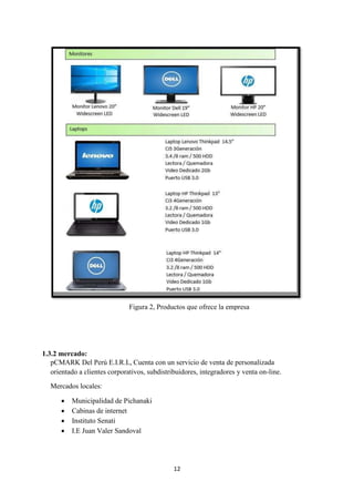 12
1.3.2 mercado:
pCMARK Del Perú E.I.R.L, Cuenta con un servicio de venta de personalizada
orientado a clientes corporativos, subdistribuidores, integradores y venta on-line.
Mercados locales:
 Municipalidad de Pichanaki
 Cabinas de internet
 Instituto Senati
 I.E Juan Valer Sandoval
Figura 2, Productos que ofrece la empresa
 