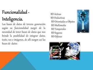 BD Activas
BD Deductivas
BD Orientadas a Objetos
BD Multimedia
BD Temporales
BD Seguras
BD Difusas
 