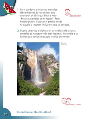 Guía 20   1. En el cuaderno de ciencias naturales
   B         dibuja algunos de los recursos que
             colocaron en el croquis bajo el título            Trabaja en tu cuaderno

             “Recursos naturales de mi región”. Para
             hacerlo puedes observar el paisaje desde
             tu escuela o recordar los lugares que ya conoces.

          2. Inventa una sopa de letras con los nombres de recursos
             naturales de tu región y de otras regiones. Muestrala a tus
             hermanos o compañeros para que los encuentren.

                                                             Cascada,
                                                             Venezuela.




                                                                    Presenta tu trabajo a la profesora




          Ciencias Naturales y Educación Ambiental
30
 
