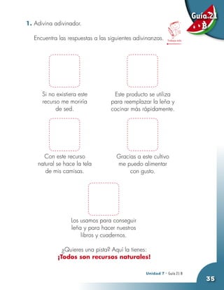 Guía 21
1. Adivina adivinador.
                                                                              B
   Encuentra las respuestas a las siguientes adivinanzas.   Trabaja solo




      Si no existiera este          Este producto se utiliza
      recurso me moriría           para reemplazar la leña y
            de sed.                cocinar más rápidamente.




      Con este recurso               Gracias a este cultivo
    natural se hace la tela          me puedo alimentar
       de mis camisas.                    con gusto.




                  Los usamos para conseguir
                  leña y para hacer nuestros
                      libros y cuadernos.

              ¿Quieres una pista? Aquí la tienes:
            ¡Todos son recursos naturales!

                                                 Unidad 7 - Guía 20 A
                                                                 21 B
                                                                              35
 