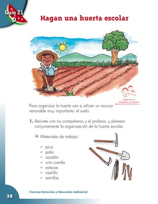 Guía 21
  D              Hagan una huerta escolar




                                                                   Trabaja con tus
                                                               compañeros y el profesor

          Para organizar la huerta van a utilizar un recurso
          renovable muy importante: el suelo.

          1. Reúnete con tus compañeros y el profesor, y planeen
             conjuntamente la organización de la huerta escolar.

                 	
                 Materiales de trabajo:

                 u 	pica
                 u 	pala
                 u 	azadón
                 u 	una cuerda
                 u 	estacas
                 u	 rastrillo
                 u	 semillas

          Ciencias Naturales y Educación Ambiental
38
 