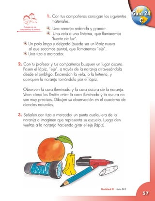 1. Con tus compañeros consigan los siguientes	
                                                                                 Guía 24
                               materiales:                                          C
     Trabaja con tus
                        Una naranja redonda y grande.
 compañeros y el profesor

                        Una vela o una linterna, que llamaremos              	
                       “fuente de luz”.
          Un palo largo y delgado (puede ser un lápiz nuevo
          al que sacamos punta), que llamaremos “eje”.
          Una tiza o marcador.

2. Con tu profesor y tus compañeros busquen un lugar oscuro.
   Pasen el lápiz, “eje”, a través de la naranja atravesándola
   desde el ombligo. Enciendan la vela, o la linterna, y
   acerquen la naranja tomándola por el lápiz.
	
	 Observen la cara iluminada y la cara oscura de la naranja.
   Vean cómo los límites entre la cara iluminada y la oscura no
   son muy precisos. Dibujen su observación en el cuaderno de
   ciencias naturales.

3. Señalen con tiza o marcador un punto cualquiera de la
   naranja e imaginen que representa su escuela. Luego den
   vueltas a la naranja haciendo girar el eje (lápiz).




                                                          Unidad 8 - Guía 23 A
                                                                          25 C
                                                                          24
                                                                                     57
 