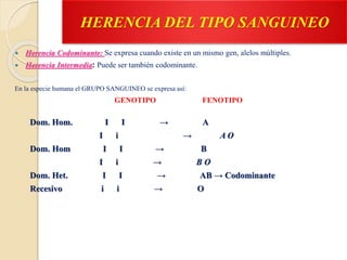 HERENCIA DEL TIPO SANGUINEO
 Herencia Codominante: Se expresa cuando existe en un mismo gen, alelos múltiples.
 Herencia Intermedia: Puede ser también codominante.
En la especie humana el GRUPO SANGUINEO se expresa así:
GENOTIPO FENOTIPO
Dom. Hom. I I → A
I i → A O
Dom. Hom I I → B
I i → B O
Dom. Het. I I → AB → Codominante
Recesivo i i → O
 
