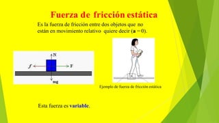 Fuerza de fricción estática
Esta fuerza es variable.
Es la fuerza de fricción entre dos objetos que no
están en movimiento relativo quiere decir (a = 0).
Ejemplo de fuerza de fricción estática
 