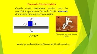 Fuerza de fricción cinética
k k
f = N
donde k se denomina coeficiente de friccióncinético.
Cuando existe movimiento relativo entre las
superficies, aparece una fuerza de fricción constante
denominada fuerza de fricción cinética.
Ejemplo de fuerza de fricción
cinética
 