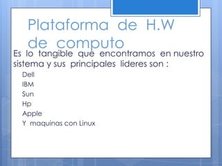 Plataforma  de  H.W de  computoEs  lo  tangible  que  encontramos  en nuestro  sistema y sus  principales  lideres son :DellIBMSunHpAppleY  maquinas con Linux