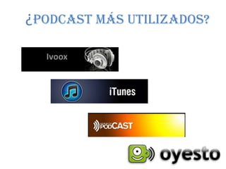 ¿Podcast más utilizados?

  Ivoox
 