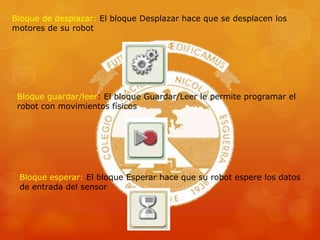 Bloque de desplazar: El bloque Desplazar hace que se desplacen los
motores de su robot
Bloque guardar/leer: El bloque Guardar/Leer le permite programar el
robot con movimientos físicos
Bloque esperar: El bloque Esperar hace que su robot espere los datos
de entrada del sensor
 