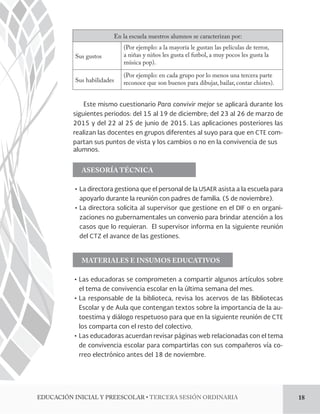 En la escuela nuestros alumnos se caracterizan por: 
Sus gustos 
(Por ejemplo: a la mayoría le gustan las películas de terror, 
a niñas y niños les gusta el futbol, a muy pocos les gusta la 
música pop). 
Sus habilidades (Por ejemplo: en cada grupo por lo menos una tercera parte 
reconoce que son buenos para dibujar, bailar, contar chistes). 
Este mismo cuestionario Para convivir mejor se aplicará durante los 
siguientes periodos: del 15 al 19 de diciembre; del 23 al 26 de marzo de 
2015 y del 22 al 25 de junio de 2015. Las aplicaciones posteriores las 
realizan las docentes en grupos diferentes al suyo para que en CTE com-partan 
sus puntos de vista y los cambios o no en la convivencia de sus 
alumnos. 
ASESORÍA TÉCNICA 
Ļ La directora gestiona que el personal de la USAER asista a la escuela para 
apoyarlo durante la reunión con padres de familia. (5 de noviembre). 
ĻơLa directora solicita al supervisor que gestione en el DIF o en organi-zaciones 
no gubernamentales un convenio para brindar atención a los 
casos que lo requieran. El supervisor informa en la siguiente reunión 
del CTZ el avance de las gestiones. 
MATERIALES E INSUMOS EDUCATIVOS 
ĻơLas educadoras se comprometen a compartir algunos artículos sobre 
el tema de convivencia escolar en la última semana del mes. 
ĻơLa responsable de la biblioteca, revisa los acervos de las Bibliotecas 
Escolar y de Aula que contengan textos sobre la importancia de la au-toestima 
y diálogo respetuoso para que en la siguiente reunión de CTE 
los comparta con el resto del colectivo. 
ĻơLas educadoras acuerdan revisar páginas web relacionadas con el tema 
de convivencia escolar para compartirlas con sus compañeros vía co-rreo 
electrónico antes del 18 de noviembre. 
EDUCACIÓN INICIAL Y PREESCOL5R5TERCERA SESIÓN ORDINARIA 18 
 