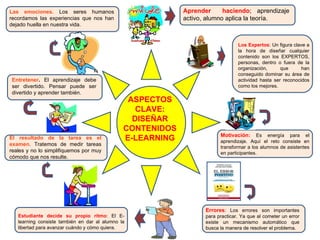 ASPECTOS CLAVE: DISEÑAR CONTENIDOS E-LEARNING Aprender  haciendo ; aprendizaje activo, alumno aplica la teoría. Los Expertos : Un figura clave a la hora de diseñar cualquier contenido son los EXPERTOS, personas, dentro o fuera de la organización, que han conseguido dominar su área de actividad hasta ser reconocidos como los mejores. Motivación:  Es energía para el aprendizaje. Aquí el reto consiste en transformar a los alumnos de asistentes en participantes. Errores : Los errores son importantes para practicar. Ya que al cometer un error existe un mecanismo automático que busca la manera de resolver el problema. Estudiante decide su propio ritmo : El E-learning consiste también en dar al alumno la libertad para avanzar cuándo y cómo quiera. El resultado de la tarea es el examen . Tratemos de medir tareas reales y no lo simplifiquemos por muy cómodo que nos resulte.  Entretener .  El aprendizaje debe ser divertido. Pensar puede ser divertido y aprender también.  Las emociones.  Los seres humanos recordamos las experiencias que nos han dejado huella en nuestra vida.  