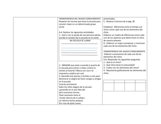 TRANSFERENCIA DEL NUEVO CONOCIMIENTO             presentadas.
Respetar las normas que tiene la escuela para    C.- Realizar la lectura de la pág. 28
convivir mejor en un determinado grupo
social                                           Establecer diferencias entre el tiempo y el
                                                 clima; entre cada uno de los elementos del
A.A. Realizar las siguientes actividades         clima
1.- Solo o con la ayuda de una persona adulta,   Elaborar un cuadro de diferencias entre cada
escribe el nombre de tu escuela en el cartel.    uno de los aspectos que determinan el clima
             MI ESCUELA SE LLAMA                 de nuestro planeta.
                                                 A.- Elaborar un mapa conceptual y reconocer
                                                 cada uno de los elementos del clima.

                                                 TRANSFERENCIA DEL NUEVO CONOCIMIENTO
                                                  Elaborar conclusiones de cada uno de los
                                                 elementos del clima
                                                 A.A.-Responder las siguientes preguntas.
                                                 1.- Qué es el clima?
2.- IMAGINA que estás cruzando la puerta de      2.- Qué clima tiene tú comunidad?
tu escuela para entrar a clases ¿Cómo te         3.- Cuáles son los elementos del clima?
sientes al hacerlo? Marca con una x la           4.- Represente gráficamente los elementos del
respuesta y explica por qué                      clima
3- Aprende este poema y recítalo a coro para
demostrar la alegría de hacer amigos y amigas
en la escuela
Canción primaveral
Salen los niños alegres de la escuela
,poniendo en el aire tibio del
abril canciones tiernas.
!Qué canciones tiene el
 hondo silencio de la calleja ¡
Un silencio hecho pedazos
Por risas de plata nueva .
 