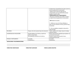 C-Determinar característica de cada una de las
                                                                                     técnicas agrícolas de conservación.
                                                                                     -Explicar que las técnicas agrícolas de
                                                                                     conservación son muy importantes porque
                                                                                     ayudan a nuestro suelo.
                                                                                     TRANSFERENCIA DEL CONOCIMIENTO
                                                                                     -Reconocer el beneficio que recibe el suelo si
                                                                                     se aplica técnicas agrícolas de conservación.

                                                                                      AA Resolver las tareas.

                                                                                     1.- Señala con una x las fresas dañadas es
                                                                                     decir las que contienen errores y pinta de rojo
                                                                                     las buenas.

                                                                                     2.- Con tus palabras completa la mesa de la
                                                                                     idea principal.
RECURSOS                            Payaso, letra de la poesía hojas de evaluación   Texto, cuaderno de trabajo, hojas de trabajo,
                                                                                     entorno, huerto.
I.ESCENCIALES DE EVALUACIÓN        Escribe palabras con la letra y a partir de       Enlista varias técnicas agrícolas que ayudan a la
                                   gráficos presentados                              conservación del suelo.
                                   Leer pequeñas oraciones con la letra y            Propone nuevas técnicas para el uso y
                                                                                     conservación del suelo
TÉCNICA E INSTRUMENTO              La prueba                                         La prueba
                                   Cuestionario o                                    Cuestionario
OSEVACIONES Y RECOMENDACIONES

……………………………………………………………………………………………………………………………………………………………………………………………………………………………
……………………………………………………………………………………………………………………………………………………………………………………………………………………………

FIRMA PROF ORIENTADOR           FIRMA PROF SUERVISOR                      FIRMA ALUMNA MAESTRA
 