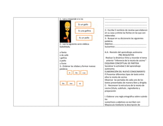 1.- Lee y responde sí o no                …………………………..
                                          ………………………………………………………………………
                        Es un gallo       ………………………………………………………………………
                                          ………………………………………………………………………
                        Es una gallina    2.- Escriba 5 nombres de recetas que elaboran
                                          en su casa y enliste las fechas en las que son
                                          elaboradas
                         Es un pollo      3.- Busque en su diccionario las siguientes
                                          palabras
2.- Lee la siguiente serie silábica       Adjetivo:……………………………………………………….
llallellillollu                           Sustantivo:……………………………………………………

a llanta                                  A.A.- Revisión del aprendizaje autónomo
e de calle                                                 PRE-REQUISITOS
i gallina                                  Realizar la dinámica ritmo y recordar el tema
o pollo                                     anterior “inferencia de la receta de cocina ”
u lluvia                                  ESQUEMA CONCEPTUAL DE PARTIDA
3.- Ordenar las sílabas y formar nuevas   Socializar la actividad 2 del aprendizaje
palabras                                  autónomo.
                                          ELABORACIÓN DEL NUEVO CONOCIMIENTO
           ti     llo        cas
                                          P.Presentar diferentes tipos de texto entre
                                          ellos la receta de cocina.
                                          Observar las portadas de cada uno de los
  llo       tor         ni                textos presentados de manera libre y dirigida.
                                          C.- Reconocer la estructura de la receta de
                                          cocina (título, subtítulo , ingrediente y
                                          preparación

                                          I.-Elaborar una regla ortográfica sobre cuándo
                                          los
                                          sustantivos y adjetivos se escriben con
                                          Mayúscula mediante la descripción de
 