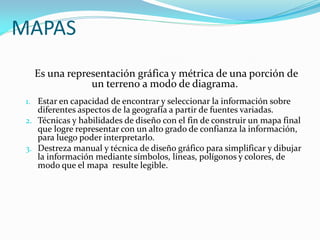 MAPAS
Es una representación gráfica y métrica de una porción de
un terreno a modo de diagrama.
1. Estar en capacidad de encontrar y seleccionar la información sobre
diferentes aspectos de la geografía a partir de fuentes variadas.
2. Técnicas y habilidades de diseño con el fin de construir un mapa final
que logre representar con un alto grado de confianza la información,
para luego poder interpretarlo.
3. Destreza manual y técnica de diseño gráfico para simplificar y dibujar
la información mediante símbolos, líneas, polígonos y colores, de
modo que el mapa resulte legible.
 