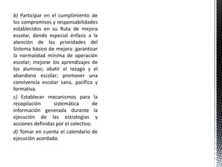 b) Participar en el cumplimiento de
los compromisos y responsabilidades
establecidos en su Ruta de mejora
escolar, dando especial énfasis a la
atención de las prioridades del
Sistema básico de mejora: garantizar
la normalidad mínima de operación
escolar; mejorar los aprendizajes de
los alumnos; abatir el rezago y el
abandono escolar; promover una
convivencia escolar sana, pacífica y
formativa.
c) Establecer mecanismos para la
recopilación sistemática de
información generada durante la
ejecución de las estrategias y
acciones definidas por el colectivo.
d) Tomar en cuenta el calendario de
ejecución acordado.
 